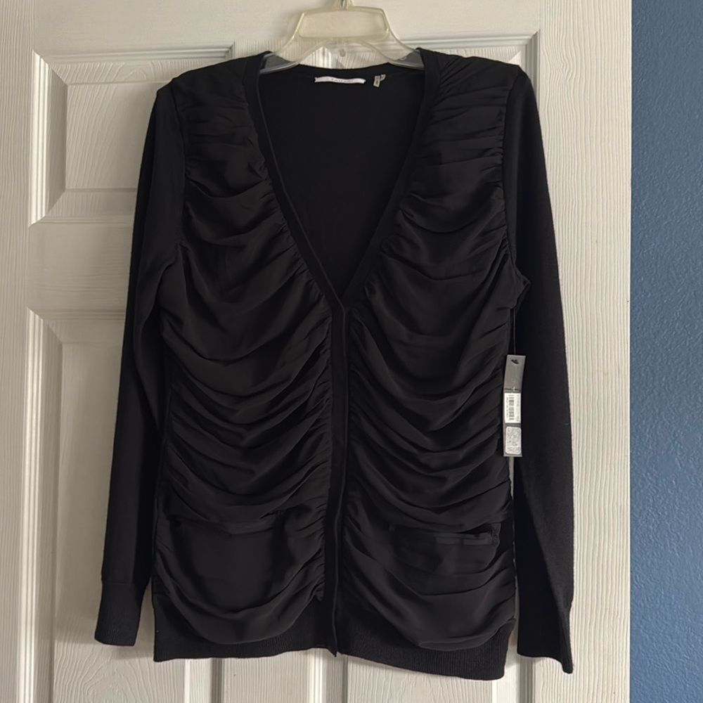 Tahari Nyah black sweater, snap front, two pockets, NWT.